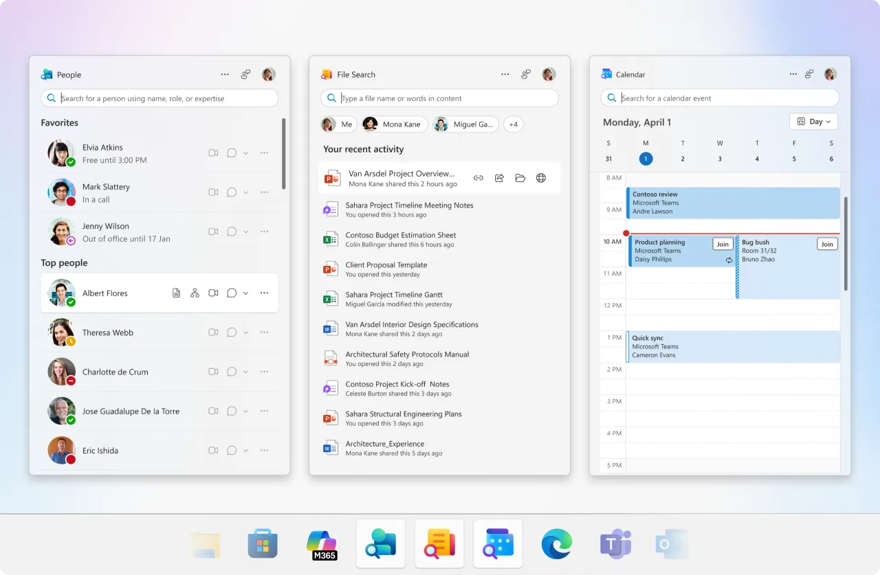 Microsoft 365 Companions on Windows 11: compact People, File Search, and Calendar panels docked beside an open document.