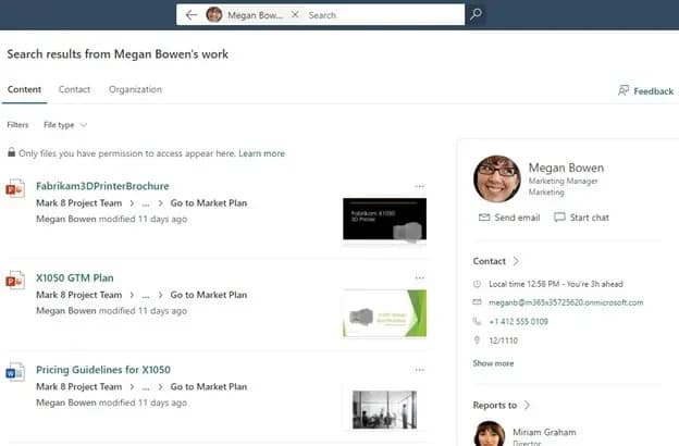 People Centric Search in Microsoft 365: a colleague’s profile card beside the documents and meetings shared with them.