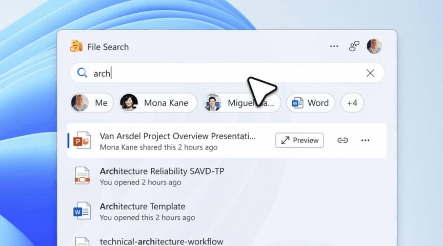 File Search in M365 Companions on Windows 11: a search box, filter chips for people, and a list of matching file results.